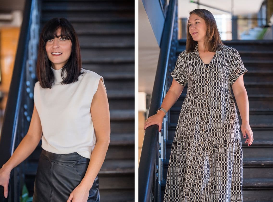 Two of Jamarl's portraits from the day: Katie Clarke and Leanne Terry, each standing on the same black staircase