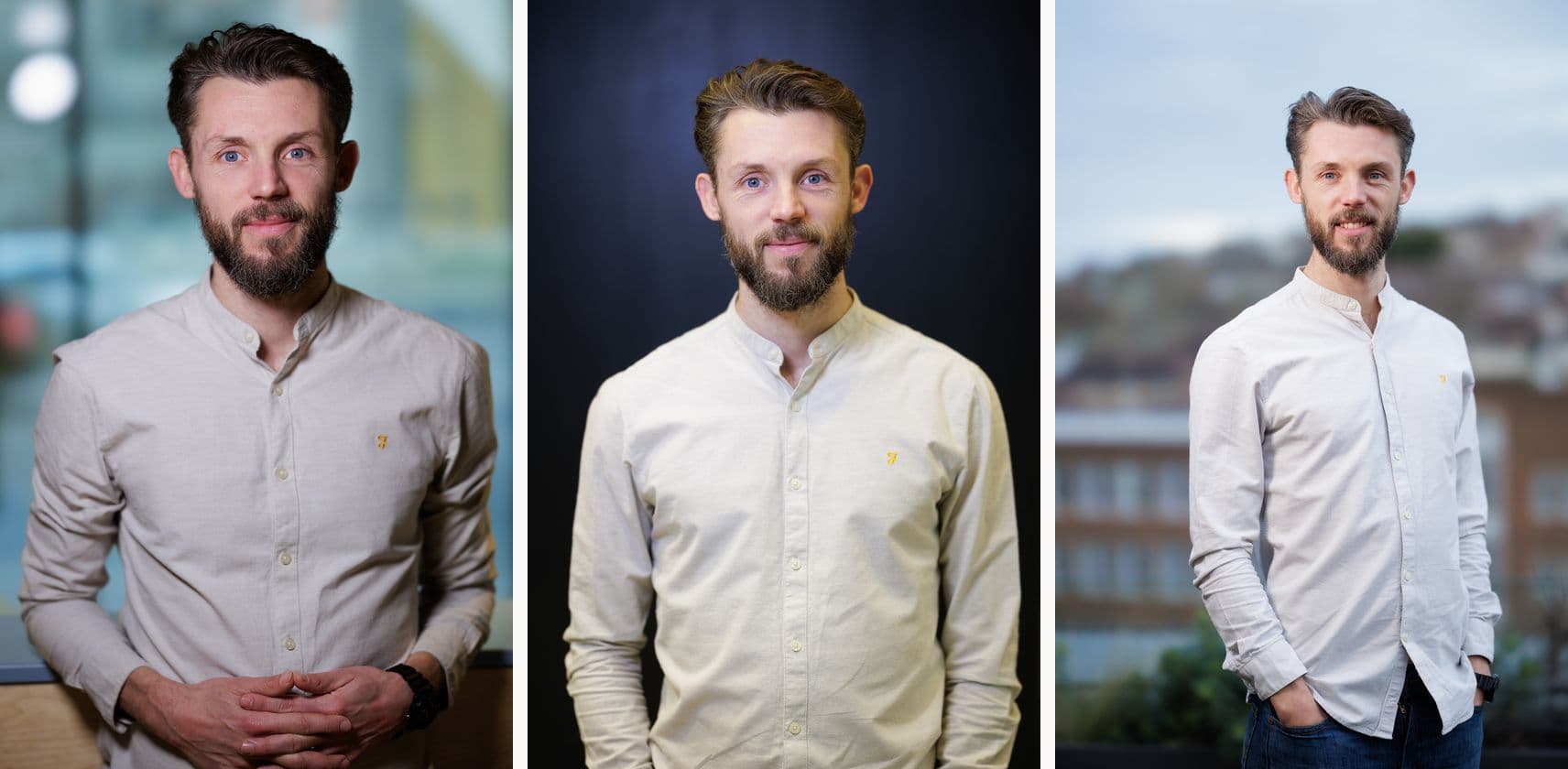 Three of the 45 headshots from January 2024: Jon in an office, against a dark blue backdrop, and on a terrace above the city