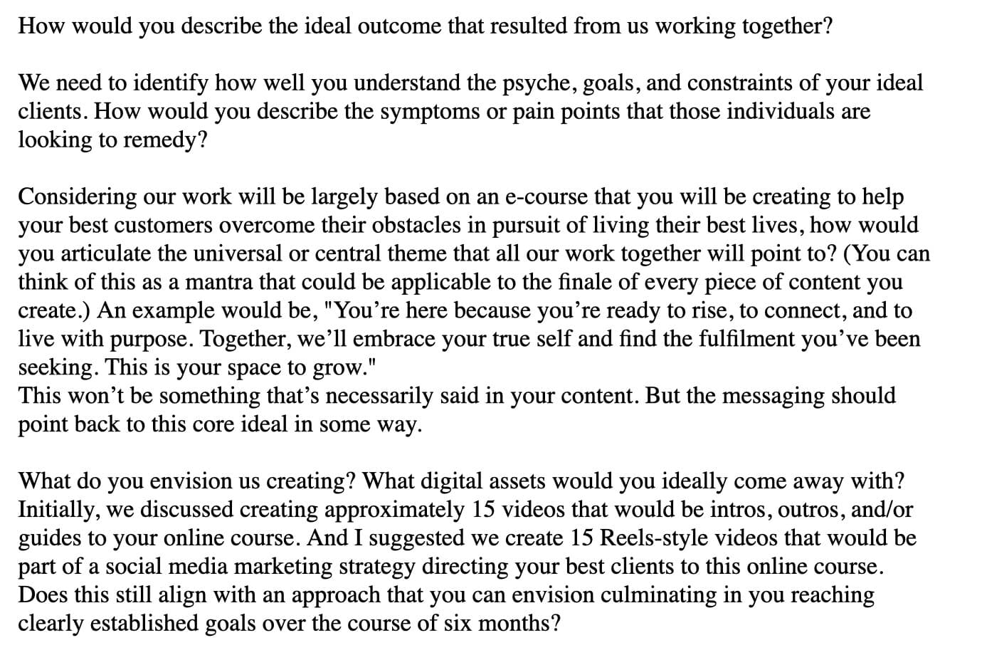 The first questions of the questionnaire Kevan sent Mecca before their first strategy session, September 2024