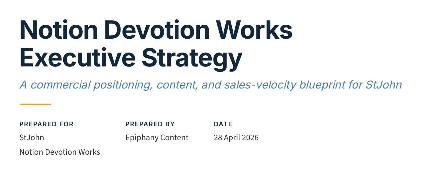 The first page of the Notion Devotion Works Executive Strategy, prepared by Epiphany Content, 28 April 2026