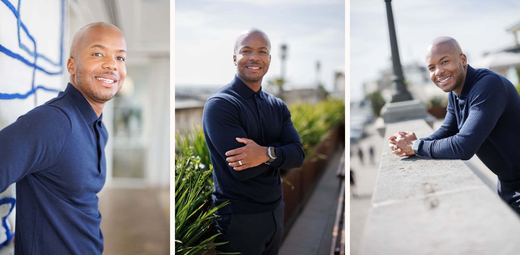 Three of Undray's portraits from 26 August 2025: smiling inside against a wall of blue line drawings, arms crossed on a planted terrace, and leaning on a rooftop ledge above the street