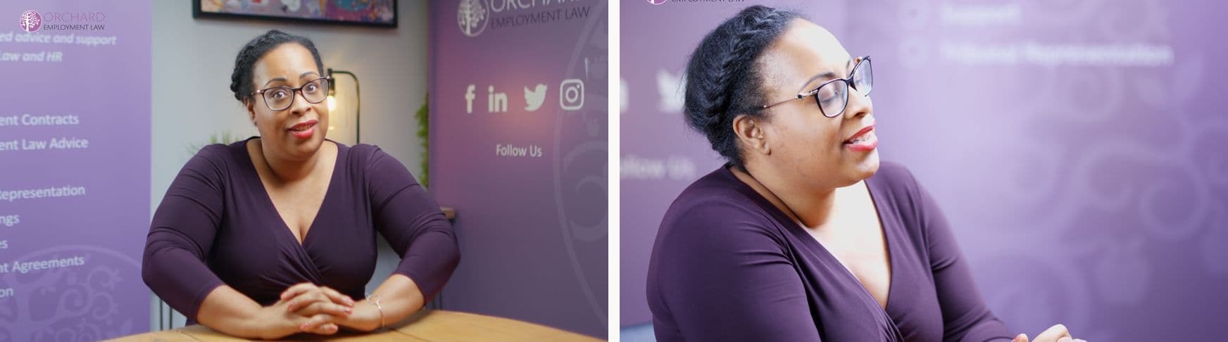 The two camera angles from one of Jemma's office films: facing her across the table, and from the side against the purple banner