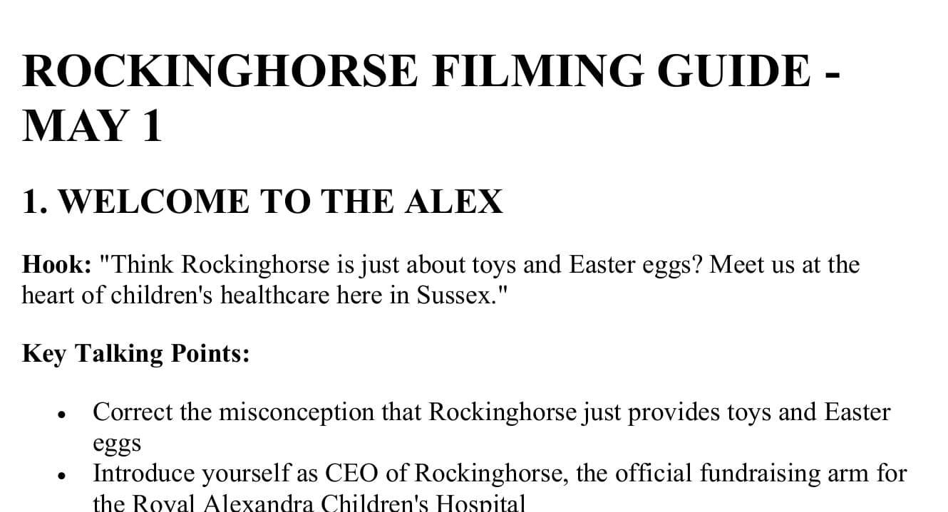 The first page of the filming guide for 1 May 2025, opening with the hook: Think Rockinghorse is just about toys and Easter eggs? Meet us at the heart of children's healthcare here in Sussex