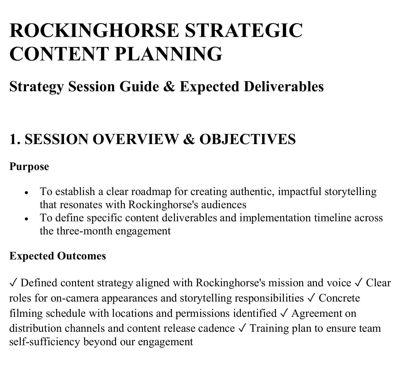 The first page of the strategy session guide Kevan wrote for Rockinghorse in April 2025: session overview, purpose and expected outcomes