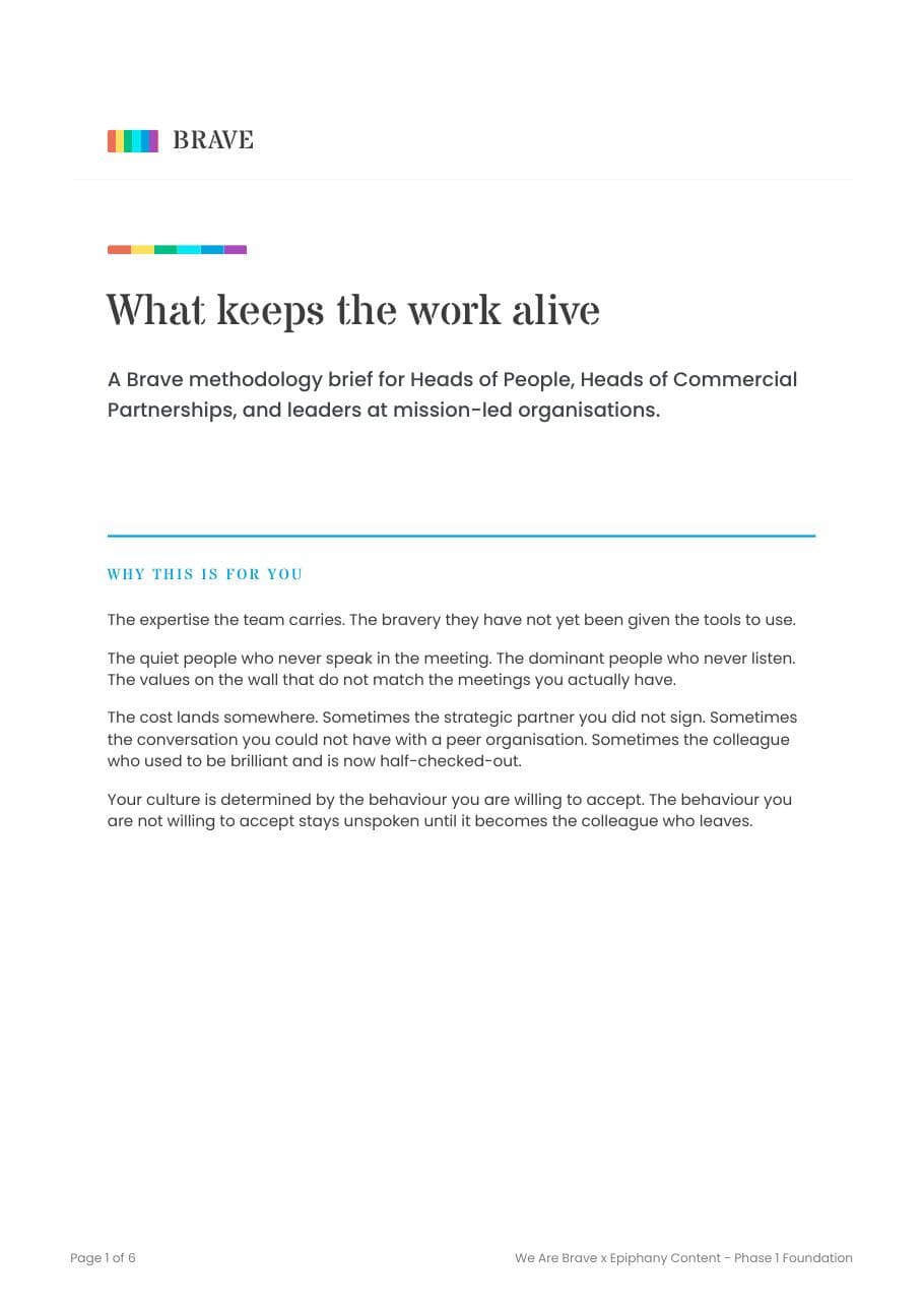 First page of the brief for mission-led leaders, What keeps the work alive